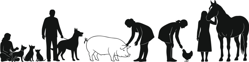 Collection of black silhouettes showing people interacting with animals including dogs, pig, chicken and horse, isolated vector illustration on white background.