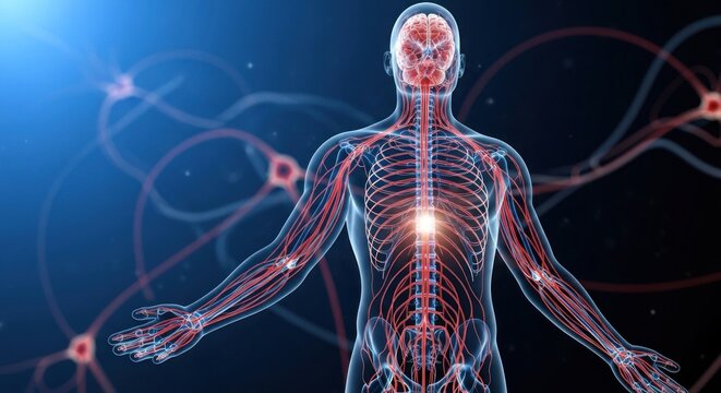 A human body with a brain and spinal cord, surrounded by neural pathways and neurons, against a dark background with a blue light source.