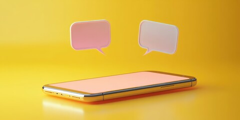 modern smartphone lying on a bright yellow surface with two floating pink chat bubbles conveying a playful friendly digital conversation