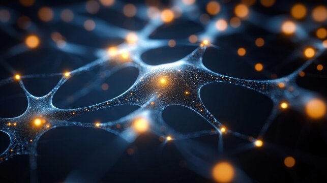 luminous web of interconnected blue mesh cells with glowing orange nodes and sparkling particles, evoking a futuristic, energetic sense of connection and flowing data - Powered by Adobe