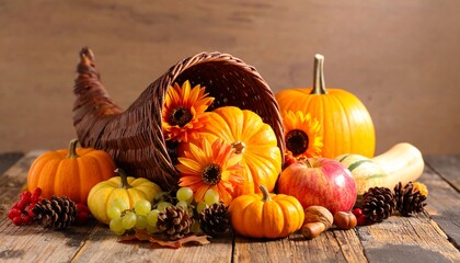 Thanksgiving Harvest Cornucopia,Cornucopia basket filled with fruits, pumpkins, corn, and autumn leaves, classic still life.