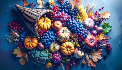 Thanksgiving Harvest Cornucopia,Cornucopia basket filled with fruits, pumpkins, corn, and autumn leaves, classic still life.