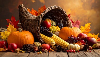 Thanksgiving Harvest Cornucopia,Cornucopia basket filled with fruits, pumpkins, corn, and autumn leaves, classic still life.