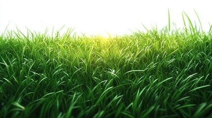 Sunlit lush green grass blades in a bright field, peaceful and rejuvenating morning glow