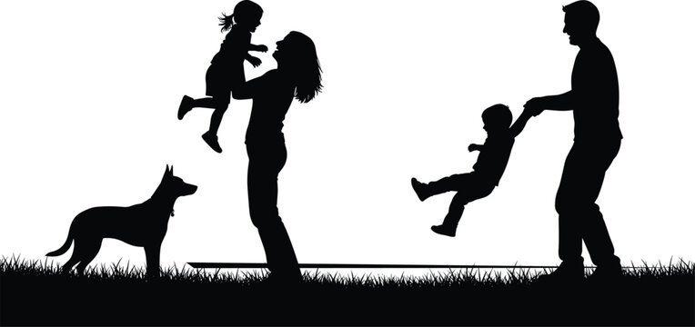 Happy family playtime silhouette, parents mother and father playing with children, daughter and son, with pet dog in a grassy park setting, illustration.