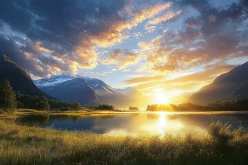 serene sunrise over a tranquil mountain lake with golden light, reflective water, grassy foreground and dramatic cloudscape