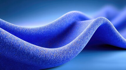 Close-up view of flowing blue fabric with a textured surface and subtle gold flecks, set against a soft blue gradient background with gentle lighting.