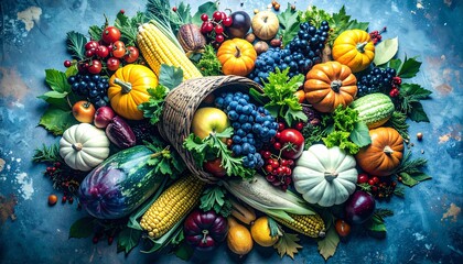 Thanksgiving Harvest Cornucopia,Cornucopia basket filled with fruits, pumpkins, corn, and autumn leaves, classic still life.