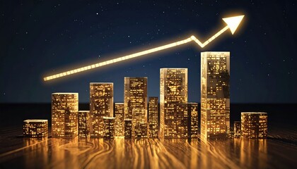 Illustrative depiction of financial growth, showcasing a bar graph and an upward-trending arrow. The bars are designed with city lights