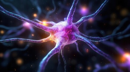 glowing purple neuron with branching dendrites and bright synapses against a dark starry background, evoking wonder and mystery