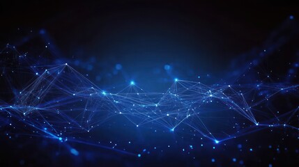 glowing blue particle network of connected nodes and lines forming a dynamic undulating mesh and wave against a dark background, evoking futuristic mysterious energy