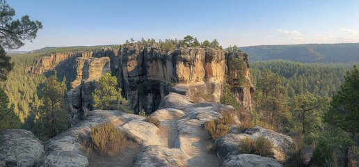 Sunlit sandstone cliffs and rocky ridge path overlooking pine forested valley at golden hour, serene expansive panoramic view