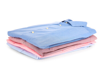 Stack of stylish folded collar shirts on white background
