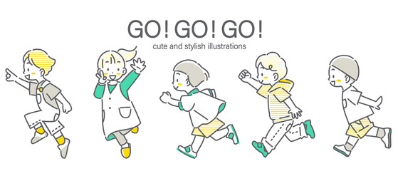 Cute and stylish line drawing of children running energetically towards the future