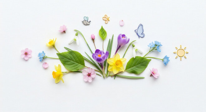 A colorful arrangement of flowers and leaves on a white background. - Powered by Adobe