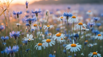 Dreamy Wildflower Meadow at Sunset with Blue Blooms and Daisies. made with generative Ai