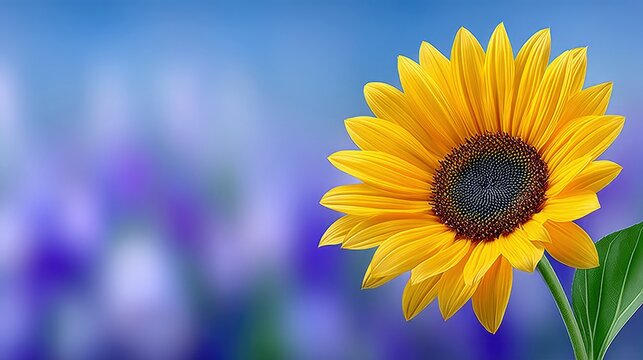 A single, vibrant yellow sunflower with a dark center is in full bloom, set against a softly blurred background of blue sky and purple flowers. The lighting is - Powered by Adobe