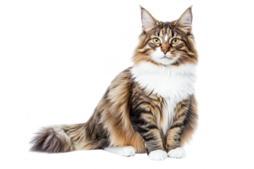 A majestic Maine Coon cat with a luxurious coat and striking green eyes sits gracefully against a pure white background. its beauty and elegance. ideal for pet-related content