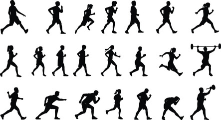 Athletic movement silhouettes, running and walking poses, fitness vector illustration, black exercise figures, warm-up and stretch actions, physical activity design