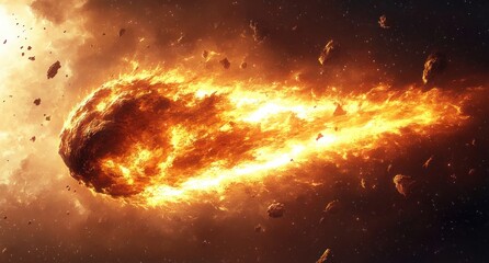 Obraz premium Massive flaming asteroid streaks through a dark starfield, trailing blazing fire and scattered rocky debris, evoking dramatic awe and imminent destruction