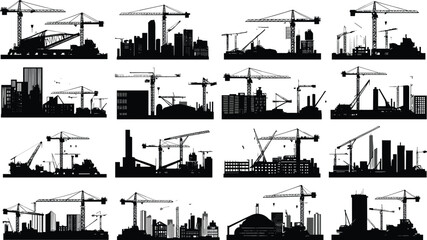 Naklejka premium Construction site silhouettes, crane and building vector, industrial development, black urban structures, construction equipment, city growth, architectural progress illustration