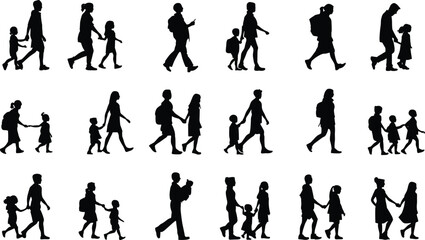Walking people silhouettes, adults and children, family and school scene, black vector illustration, pedestrian motion, companionship, social interaction, urban lifestyle design