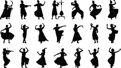 Traditional dance silhouettes, cultural performers, folk dancers in motion, black vector poses, musical instruments, expressive movement, ethnic art, rhythm illustration