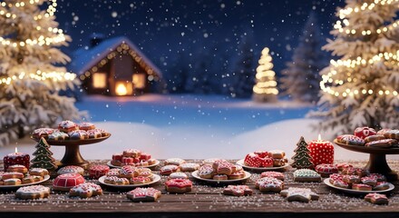 Christmas cookies on a rustic table with a snowy village, twinkling lights, and falling snow at night.