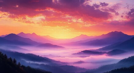 Layered mountain ridges and mist-filled valleys beneath a glowing purple, pink and orange sunrise sky with dramatic clouds, evoking tranquil, dreamy serenity
