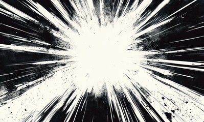 monochrome radial explosion with intense white center, dynamic black speed lines and ink splatters conveying dramatic impact, high energy and chaotic motion