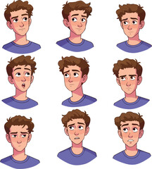 Pixel Art Male Character Emotions Expressions With Brown Hair Blue Shirt