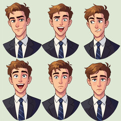 Pixel Art Man Character Set Various Emotions Business Suit Tie Light Brown Hair