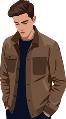 Pixel Art Man Brown Jacket Navy Shirt Looking Down Isolated