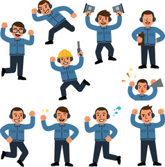Pixel Art Man Character Set Blue Shirt Headphones Action Poses