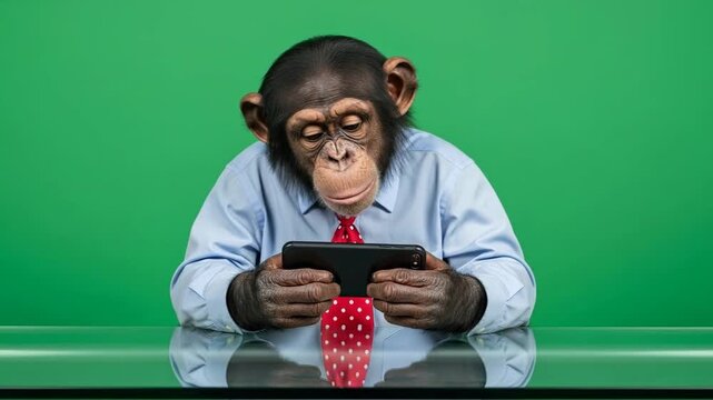 A young chimpanzee dressed in a business shirt and tie intently uses a smartphone at a desk with a green background.