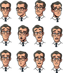 Pixel Art Man Face Expressions Set White Shirt Blue Tie