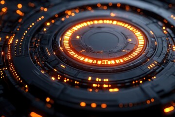 Close-up of dark metallic concentric rings with glowing orange luminescent circuit lights forming a futuristic energy core, sleek and mysterious