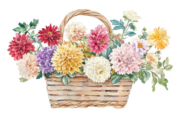 A watercolor illustration of a woven basket overflowing with an array of colorful flowers. including dahlias and roses. set against a clean white background. ideal for floral-themed designs © kageyama