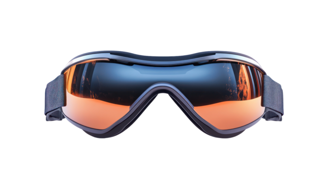Ski goggles with orange mirrored lenses isolated on transparent background