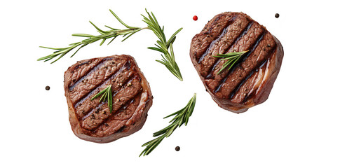 Two perfectly grilled beef steaks garnished with fresh rosemary and scattered black peppercorns on a clean white background. ideal for culinary presentations or food-related content