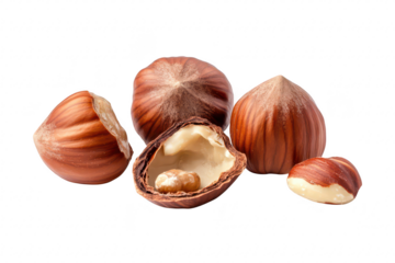 A close-up view of whole and cracked hazelnuts their rich brown color and texture on a clean white background. ideal for food photography and culinary use