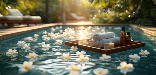 Sunlit tropical pool dotted with floating plumeria flowers, a wooden tray with rolled towels, amber oil bottles and lit candles, lounge chairs and lush foliage evoking serene relaxation