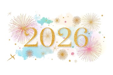 Golden 2020 text with colorful abstract watercolor splashes and fireworks