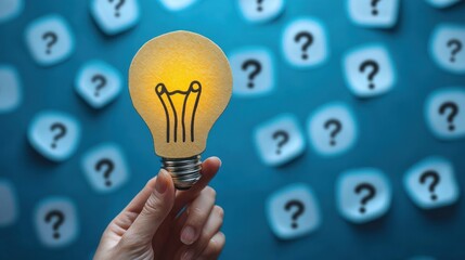 Hand holding glowing paper light bulb against a blue background dotted with scattered question mark notes, conveying inspiration, insight and clarity