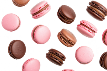 A assortment of pink and brown macarons elegantly scattered on a clean white background. their delicate textures and colors. perfect for dessert-themed promotions or culinary articles