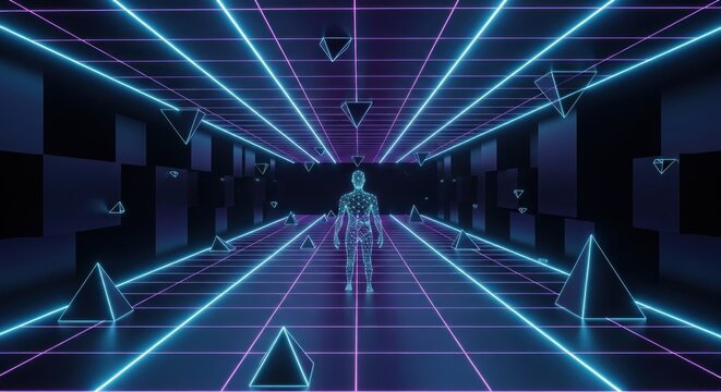 A futuristic, neon-lit corridor with a humanoid figure in the center, surrounded by geometric shapes and triangles.