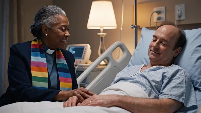 A clergy member comforts a patient in a hospital room at night