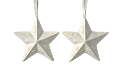Two white star ornaments hanging isolated on transparent background