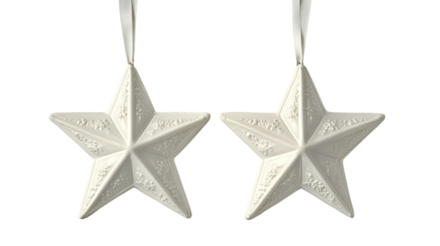 Two white star ornaments hanging isolated on transparent background