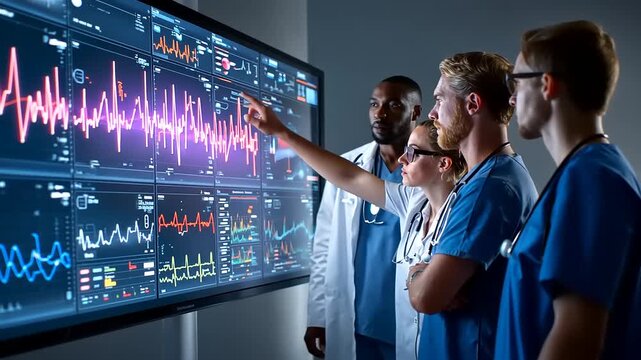 Medical professionals analyzing data on a large screen in a modern healthcare setting - Powered by Adobe